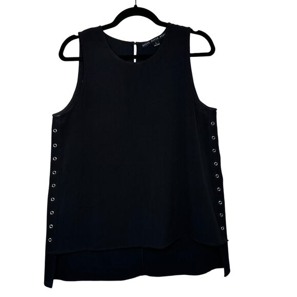 HYFVE Black with Silver Grommet Sleeveless Silky Hi Low Tunic Tank Keyhole Back - Picture 2 of 16